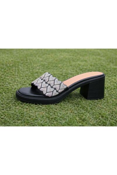 mothers dream Luxury Crystal Heart Block Heel Slides