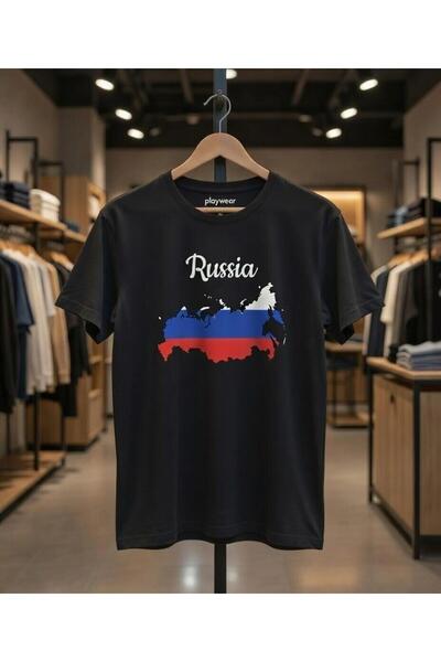 playwear تي شيرت بول كيبل للجنسين بتصميم خريطة وعلم روسيا مطبوع