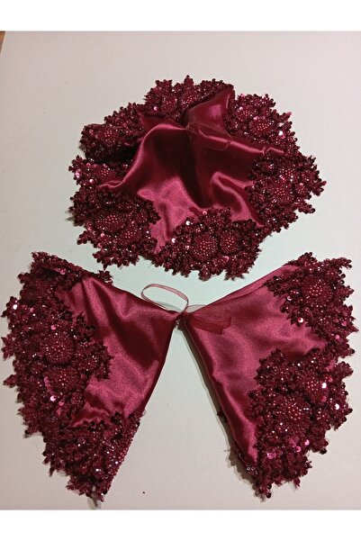 Bordo Saten VIP Aplikli Gelin Damat Halay Mendili, Kına Gecesi, Düğün, Söz, Nişan, Sünnet