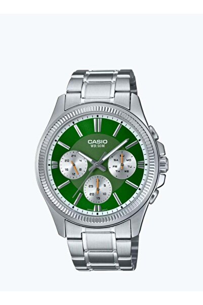 Casio MTP-1375D-3AV Men's Watch - Analog, Casual, Green Dial, Silver Bracelet