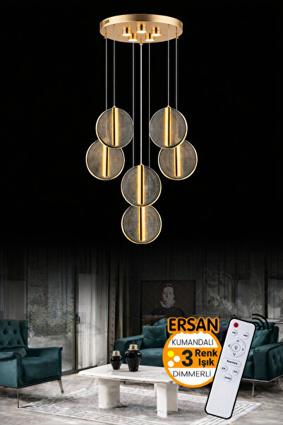Ersan Avize Head 6'li Gold Kumandalı 3 Renk Led Lüx Modern Ledli Avize