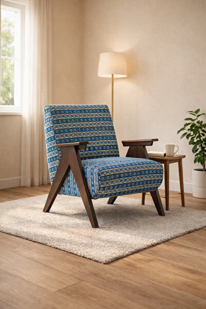 MARIA HOMES Mid-Century Modern Blue Geometric Accent Chair Wood Frame Armchai...