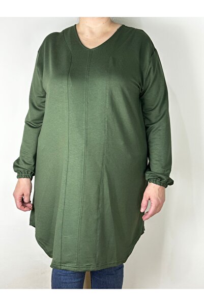 YAŞAR TRİKO Women's Khaki Long Sleeve Ankle Elastic V-Neck Long Tunic