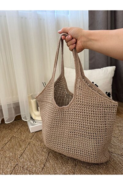 megetasarım El Yapımı Makrome Örgü Kadın Omuz Çantası – Bej Hasır Model