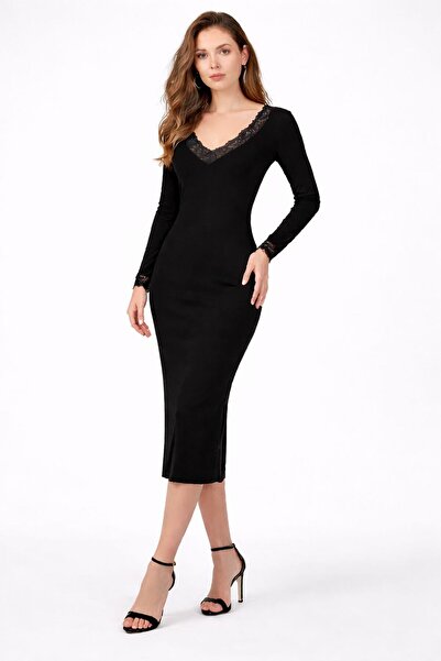 khar Women's Lace Detailed Lycra Midi Pencil Dress V-Neck Long Sleeve Stylish...