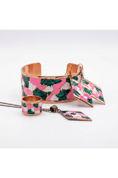 ZERLA Handmade 100% Copper Enamel Jewelry Set – Bracelet, Ring, Earrings & Ne...