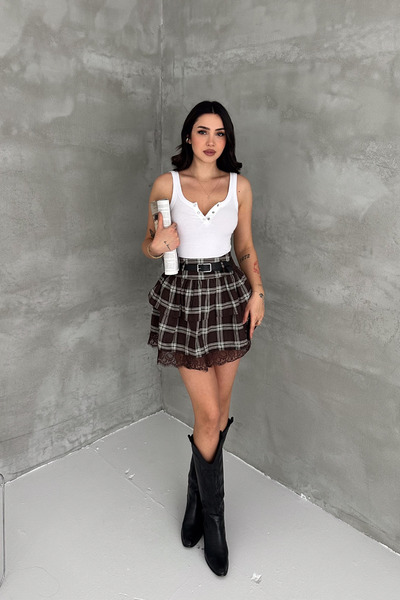 MİROR Women's Belted Lace Detailed Mini Skirt