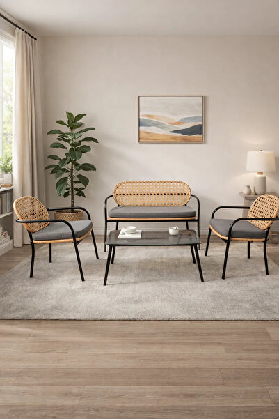 MARIA HOMES Stylish 4-Piece Wicker Patio Furniture Set with Black Metal Frame...