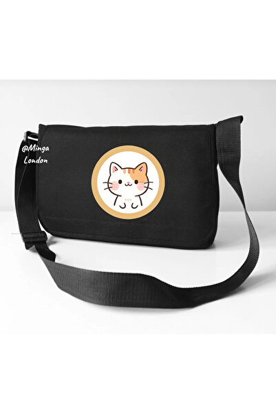 Minga London Black Pocketless Meow Printed Messenger Bag -Mingalondon