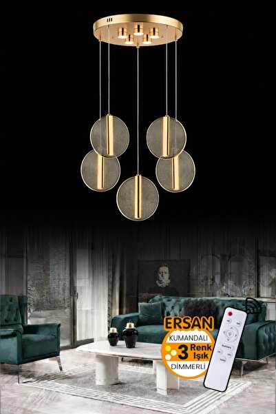 Ersan Avize Head 6'li Gold Kumandalı 3 Renk Led Lüx Modern Ledli Avize