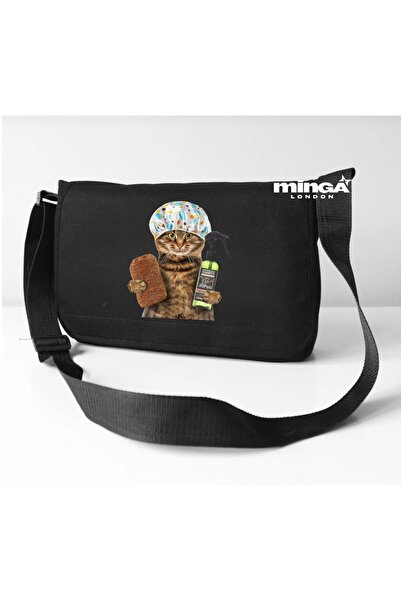 Minga London Black Clean Cat Printed Messenger Bag - Mingalondon