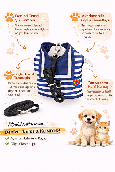 mardog Çizgili Denizci Desenli Kedi Köpek Tasma Seti – Metal Halka Detaylı