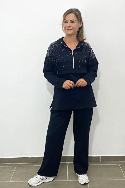 Mia Butik Plus Size Black Hooded Detailed Tracksuit Set