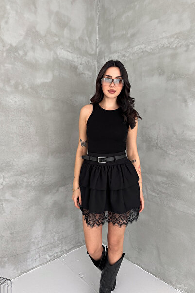 MİROR Women's Belted Lace Detailed Mini Skirt