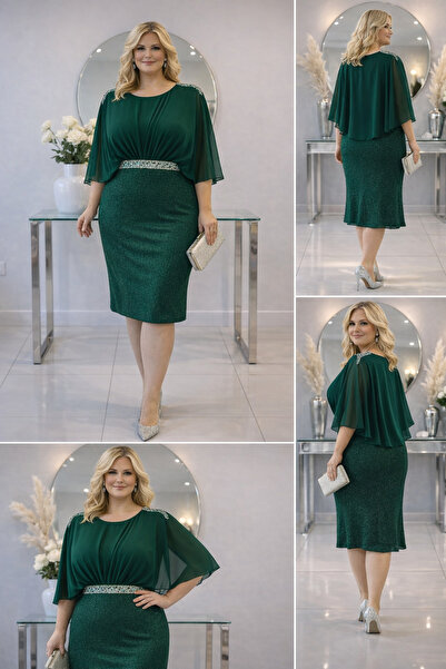 Donna Miranda Büyük Beden Midi Abiye Elbise Drapeli Şifon Üstlü Taşlı Bel Det...