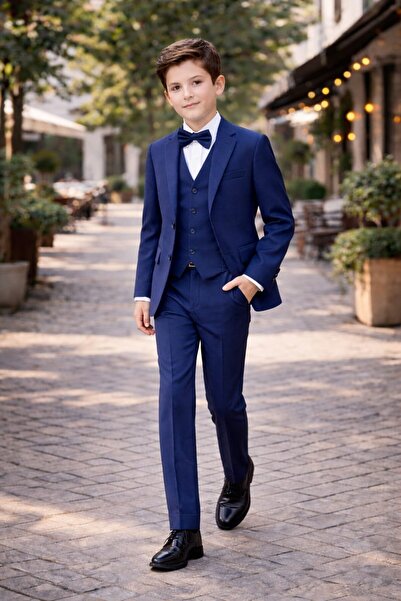 Tarz Çocuk Navy Blue Boys' 5-Piece Suit Set Jacket Vest Pants Shirt Bow Tie W...