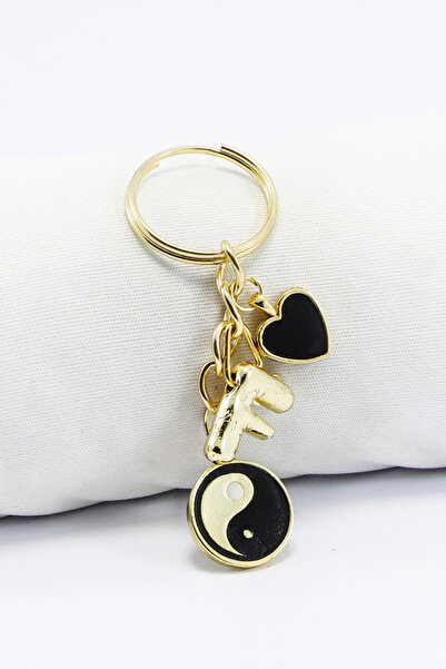 biuti Metal Yin Yang Black Heart Gold Color Small Metal Keychain, Curved Lett...