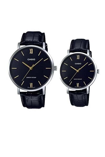 Casio ساعة يد كوارتز سوداء جلد بسوار جلدي للزوجين
