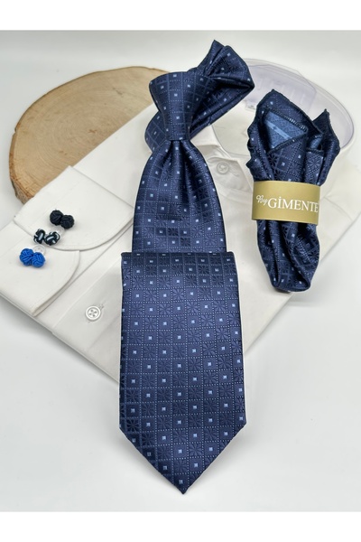 Gutiero Navy Blue Patterned Classic Tie with Handkerchief