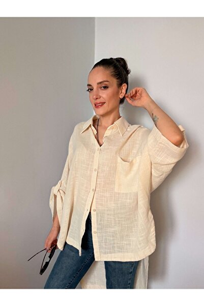 Ali Butik Krem Fakir Kol Oversize Keten Gömlek