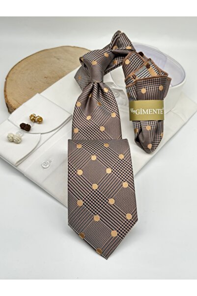 Gutiero Cravată clasică cu batistă maro cu buline
