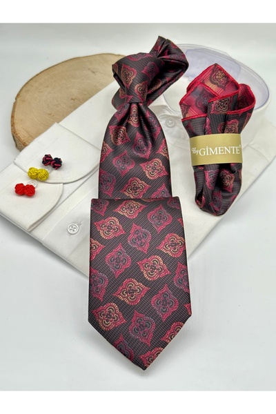 Gutiero Black Claret Red Patterned Classic Tie with Handkerchief