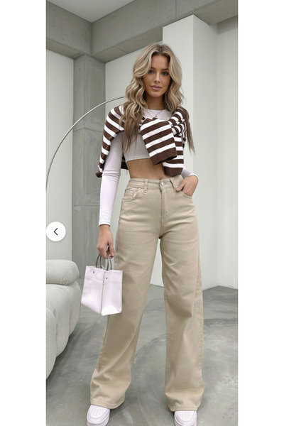 SHEVEGA بنطلون جينز نسائي كريمي واسع الساقين من نوع بالازو