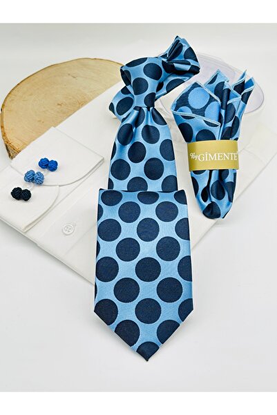Gutiero Blue Navy Blue Polka Dot Classic Tie with Handkerchief