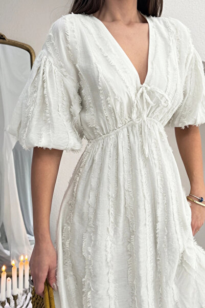 Lusin Women's Ecru V-Neck Gathered Waist Soft Textured Lined Midi Dress