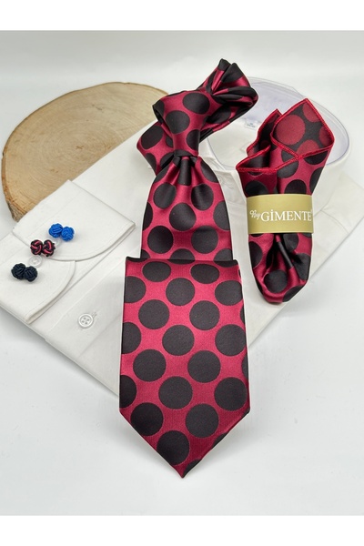 Gutiero Burgundy Black Polka Dot Classic Tie with Handkerchief