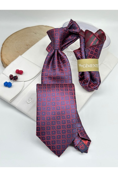 Gutiero Claret Red Patterned Classic Tie with Handkerchief