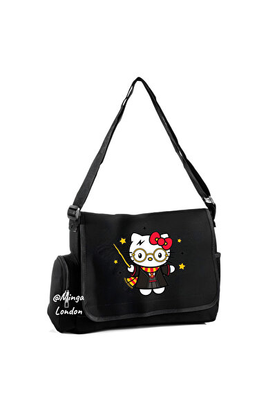 Minga London Black Cartoon Printed Messenger Bag with Pockets -Mingalondon