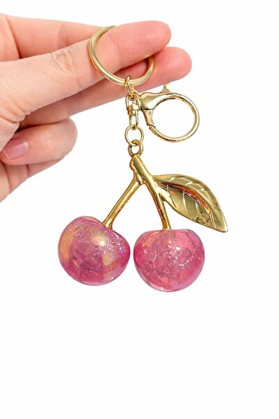 EMKSHOP Pink Viral Bag Charm Bag Ornament / Keychain with Glittery Cherry Gol...