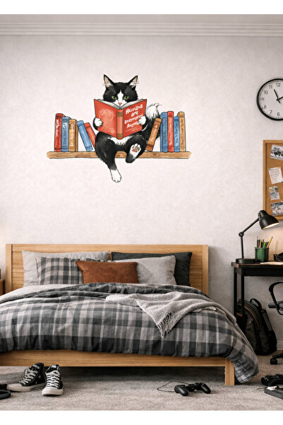Sim Tasarım Black Cat Reading a Book on the Shelf Decorative Wall Sticker