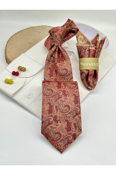 Gutiero Claret Red Paisley Patterned Classic Tie with Handkerchief