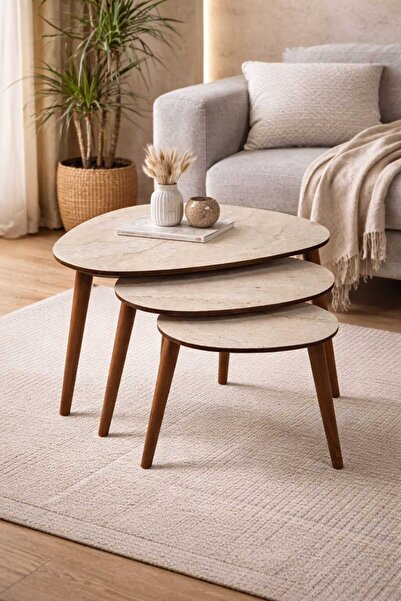 eos mobilya Damla Zigon Sehpa 3’lü – Traverten Desen Tabla, Ahşap Ayak
