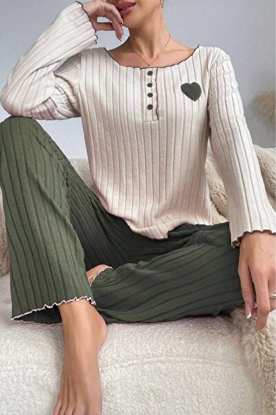 w white stars sports & wear Embroidered Green Cotton Heart Detailed Pajamas Set