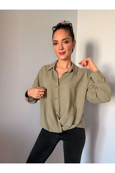 Ali Butik Haki Renk Önü Kendinden Bağlama Detaylı Keten Gömlek