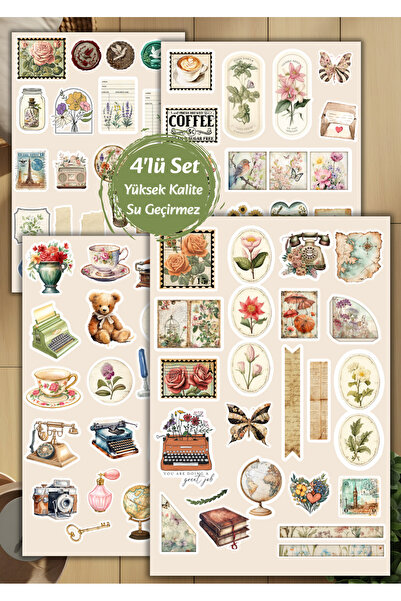 VORACRAFT 4'lü Vintage, Journal, Ajanda, Scrapbook Sticker Set D00026