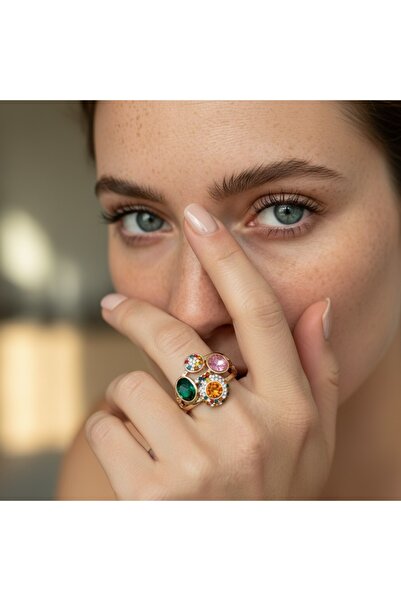 COCOSH TAKI خاتم أنيق قابل للتعديل بلون ذهبي وأخضر ووردي وبرتقالي مع أحجار كريمة