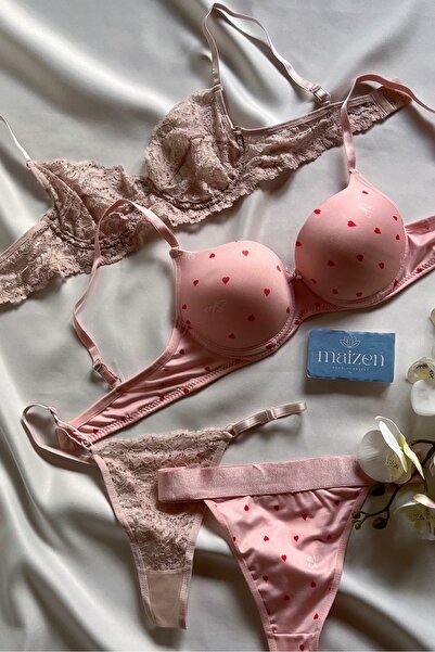 MAİZEN 2-Piece Bra Set Lace Gathering Underwire Pink Heart Bra Set