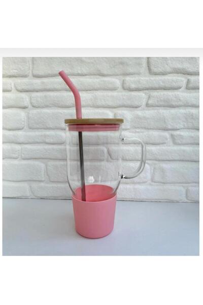 mug 1000 ML Borosilikat Cam Suluk – Pipetli, Bambu Kapaklı Büyük Boy