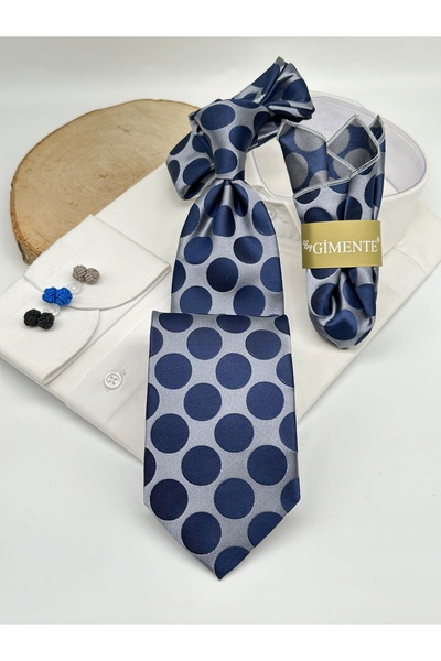 Gutiero Gray Navy Blue Polka Dot Classic Tie with Handkerchief