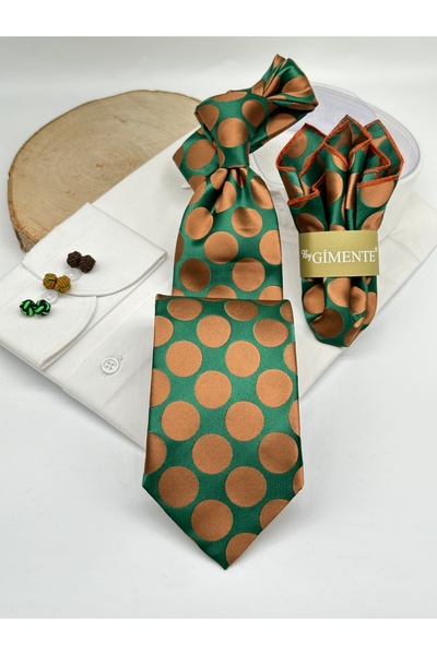 Gutiero Green Polka Dot Classic Tie with Handkerchief