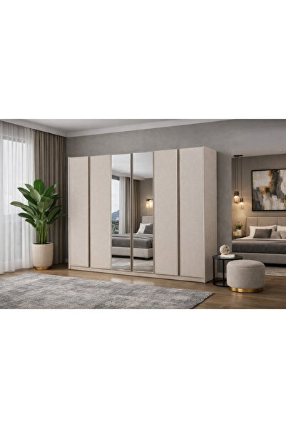eos mobilya Aynalı 6 Kapak Milan Gardırop 250x61x219 cm – Bonj 19 Kulplu, Çek...