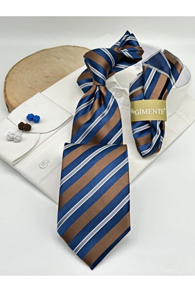 Gutiero Brown Navy Blue Striped Classic Tie with Handkerchief