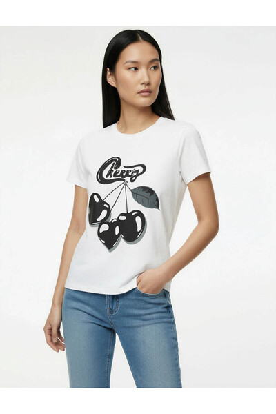 Koton Γυναικείο T-Shirt εκρού με στάμπα κεράσια 6SAL10075IK
