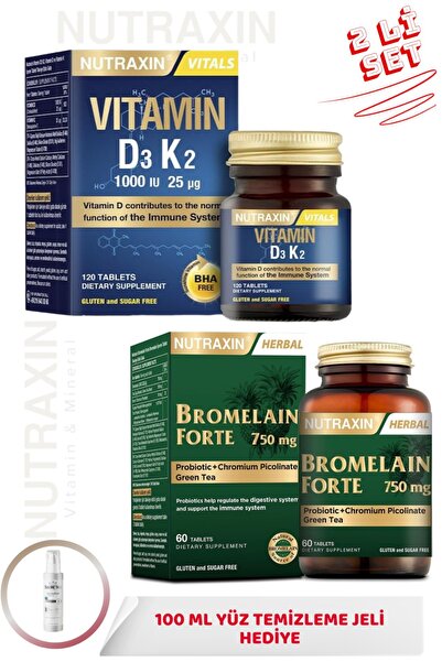 Nutraxin D3K2 Vitamini 120 Tablet + Bromelain Forte 60 Tablet + 100ml Yüz Yık...
