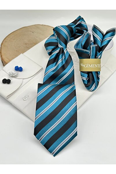 Gutiero Dark Blue Striped Classic Tie with Handkerchief