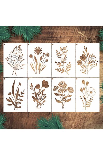 STENCİLTASARIM Stencil Tasarım F230 8li Minimalist Çiçek Seti 14x20cm SET72 D...